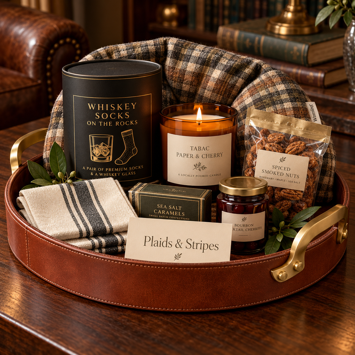 A leather tray filled with premium lifestyle items, including a whiskey glass & sock set, a candle, and treats.