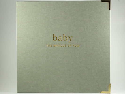 Sage linen baby memory book with gold lettering and corner details for The Irish Daisy Mama & Me gift.