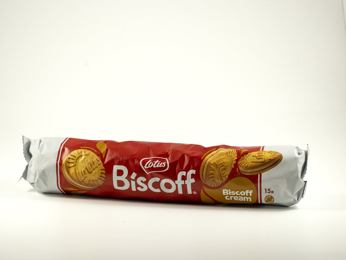 Package of Lotus Biscoff Cream sandwich cookies photographed on a soft white background.