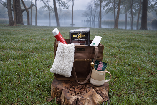 Canvas tote bag gift with Warmies neck warmer, coffee mug, Biscoff and bacon treat