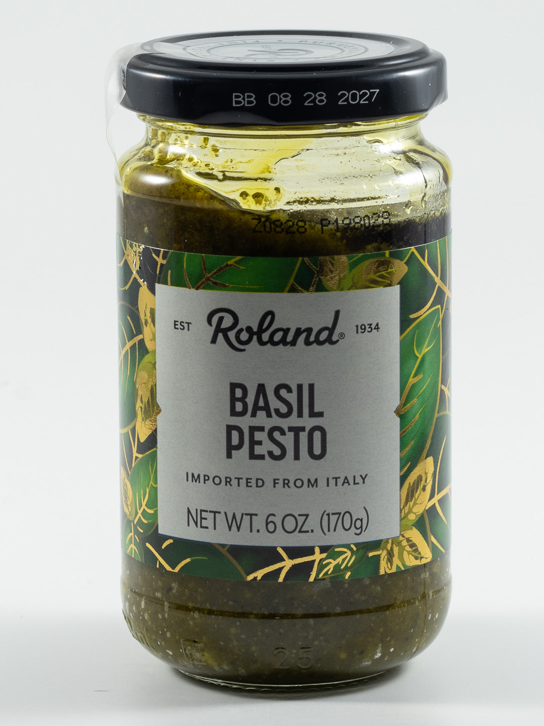 Jar of Roland basil pesto imported from Italy with a green and gold botanical label.