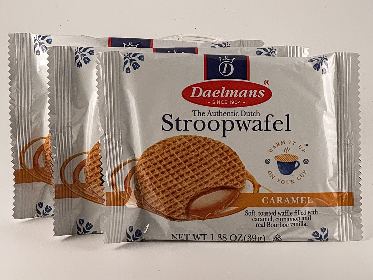 Three individually wrapped caramel stroopwafel cookies