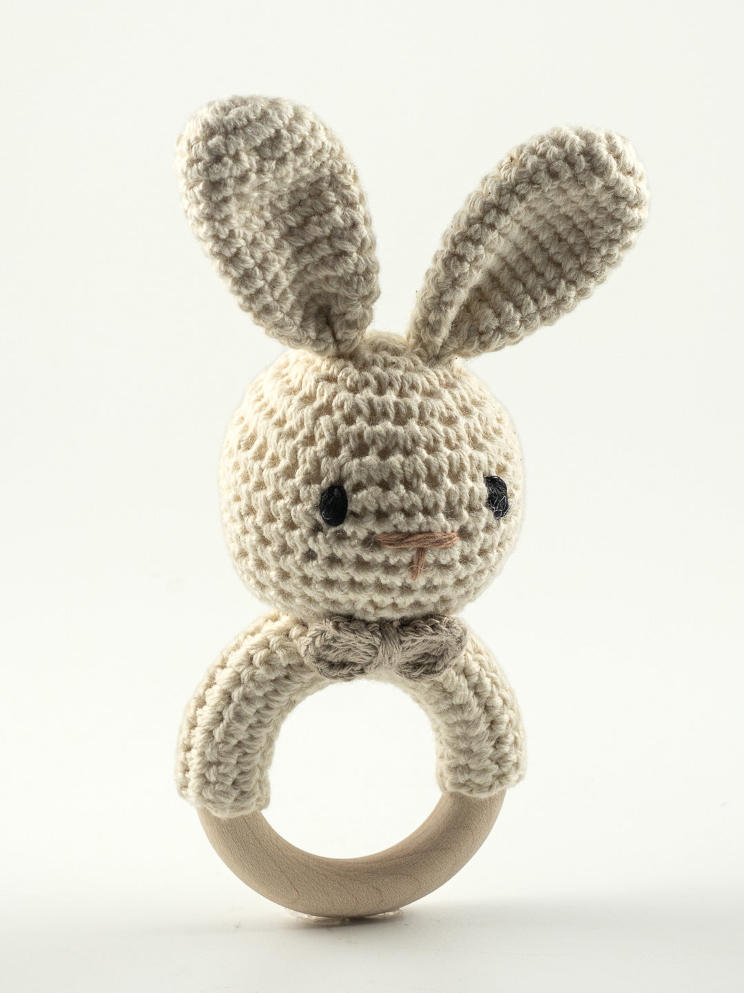 Crocheted bunny baby rattle with natural wood ring for The Irish Daisy Mama & Me gift.