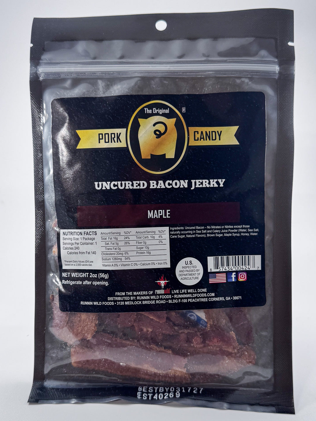 A package of 'The Original Pork Candy' Uncured Bacon Jerky in Maple flavor, sealed in a black plastic bag with a large black label.