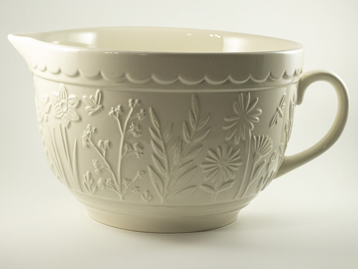 Cream Mason Cash floral embossed batter bowl with handle and pouring spout