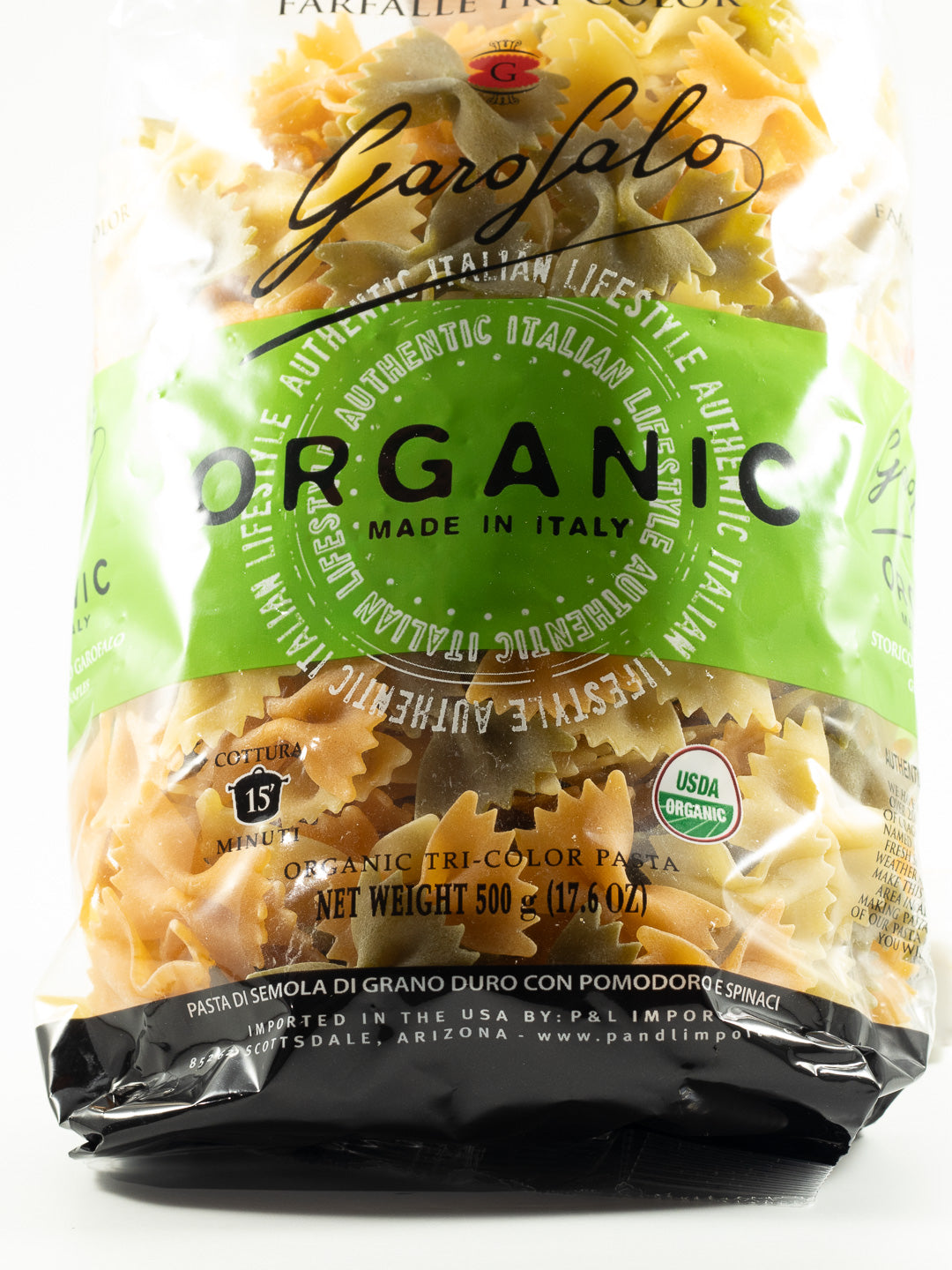 Bag of Garofalo organic tri-color farfalle pasta imported from Italy.